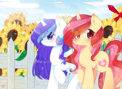 Size: 2453x1790 | Tagged: safe, artist:windymils, oc, oc only, oc:pretty shine, oc:windy cloud, species:pony, species:unicorn, duo, fence, hair over one eye, looking at you, raised hoof, sky, smiling, sunflower