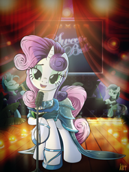 Size: 1500x2000 | Tagged: safe, alternate version, artist:ruhisu, character:coloratura, character:sweetie belle, species:earth pony, species:pony, species:unicorn, beautiful, blue note, clothing, dress, ear piercing, earring, female, gown, jewelry, looking at you, lovely, luxor hotel & casino, male, mare, microphone, musical instrument, older, piano, piercing, saxophone, singing, stallion