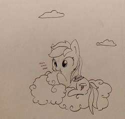 Size: 1280x1219 | Tagged: safe, artist:tjpones, character:rainbow dash, species:pegasus, species:pony, black and white, cloud, eating, grayscale, lineart, monochrome, nom, sitting on a cloud, sketch, solo, traditional art