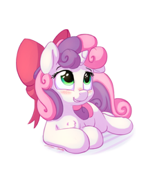 Size: 1000x1100 | Tagged: safe, artist:bobdude0, artist:zapplebow, character:sweetie belle, species:pony, species:unicorn, blushing, bow, collaboration, cute, diasweetes, female, filly, hair bow, hnnng, prone, simple background, smiling, solo, white background