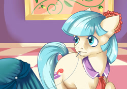 Size: 1024x717 | Tagged: safe, artist:rosewend, character:coco pommel, species:pony, clothing, dress, mouth hold, needle, solo, thread
