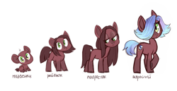 Size: 1280x662 | Tagged: safe, artist:kapusha-blr, oc, oc only, oc:beatrice, species:earth pony, species:pony, age progression, female, filly, foal, hair over one eye, looking at you, looking away, raised hoof, russian, simple background, smiling, solo, text, translated in the comments, white background