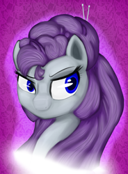 Size: 1024x1389 | Tagged: safe, artist:madacon, character:rarity, species:pony, abstract background, alternate hairstyle, blue eyes, bust, curly hair, eyebrows, eyelashes, hairpin, missing horn, no mouth, portrait, purple background, purple hair, solo