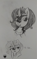 Size: 1225x1920 | Tagged: safe, artist:tjpones, character:king sombra, species:pony, species:unicorn, bored, bust, cute, dialogue, ear fluff, glass, grayscale, monochrome, queen umbra, rule 63, rule63betes, sketch, traditional art, umbradorable, wine glass