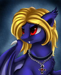 Size: 1446x1764 | Tagged: safe, artist:pridark, oc, oc only, oc:butter cream, species:bat pony, species:pony, commission, cross, fangs, female, mare, red eyes, solo