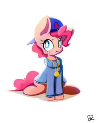 Size: 685x846 | Tagged: safe, artist:pinkieeighttwo, character:pinkie pie, species:pony, backwards ballcap, baseball cap, cap, clothing, hat, rapper pie, simple background, sitting, solo, sweater, white background