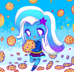 Size: 777x750 | Tagged: safe, artist:millioncookies, artist:starwantrix, character:trixie, my little pony:equestria girls, adorkable, chibi, collaboration, colorful, cookie, cute, diatrixes, dork, female, food, rain, solo