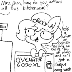 Size: 1280x1280 | Tagged: safe, artist:tjpones, oc, oc only, oc:brownie bun, species:earth pony, species:pony, horse wife, black and white, blackmail, dialogue, doodle, ear fluff, grayscale, implied princess celestia, monochrome, offscreen character, oven, shopping, simple background, solo, this will end in fire, white background, xk-class end-of-the-kitchen scenario