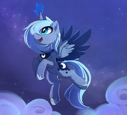 Size: 2260x2062 | Tagged: safe, artist:magnaluna, character:princess luna, species:alicorn, species:pony, cheek fluff, chest fluff, cloud, crown, cute, ear fluff, female, fluffy, flying, horseshoes, jewelry, leg fluff, lunabetes, magic, mare, night, open mouth, peytral, regalia, s1 luna, shoulder fluff, smiling, solo, stars, wing fluff