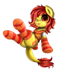 Size: 2550x2850 | Tagged: safe, artist:pridark, oc, oc only, oc:flamespitter, species:pony, clothing, commission, cute, looking at you, plot, simple background, socks, solo, striped socks, tongue out, transparent background, underhoof, ych result