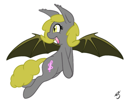 Size: 763x611 | Tagged: safe, artist:silver1kunai, oc, oc only, oc:soma, species:bat pony, species:pony, fangs, female, flying, mare, simple background, smiling, solo, white background
