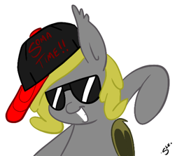 Size: 492x436 | Tagged: safe, artist:silver1kunai, oc, oc only, oc:soma, species:bat pony, species:pony, clothing, female, hat, mare, simple background, smiling, solo, sunglasses, white background