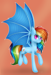 Size: 1587x2319 | Tagged: safe, artist:skashigame, character:rainbow dash, species:bat pony, species:pony, race swap, rainbowbat, simple background, solo, spread wings, wings