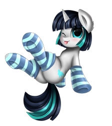 Size: 2550x2850 | Tagged: safe, artist:pridark, oc, oc only, oc:dragonfire, species:pony, species:unicorn, fallout equestria, bicolor mane, clothing, commission, fallout, fallout equestria: child of the stars, female, looking at you, mare, one eye closed, plot, simple background, smiling, socks, solo, stockings, striped socks, thigh highs, tongue out, transparent background, wink, ych result