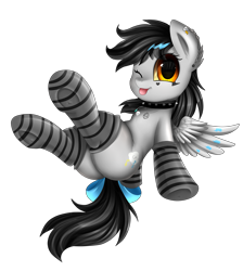 Size: 2550x2850 | Tagged: safe, artist:pridark, oc, oc only, oc:lightning dee, species:pegasus, species:pony, bow, bracelet, choker, clothing, commission, dyed mane, ear fluff, ear piercing, earring, female, flying, frog (hoof), jewelry, makeup, mare, necklace, one eye closed, piercing, plot, simple background, socks, solo, spiked choker, spread wings, striped socks, tail bow, tongue out, transparent background, underhoof, wing fluff, wings, wink, ych result