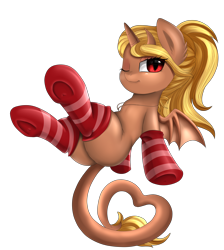 Size: 2550x2850 | Tagged: safe, artist:pridark, oc, oc only, oc:sheila, species:pony, clothing, commission, female, heart, horn, long tail, looking at you, mare, one eye closed, plot, red eyes, simple background, slit eyes, smiling, socks, solo, stockings, striped socks, succubus, succupony, thigh highs, transparent background, wink, ych result