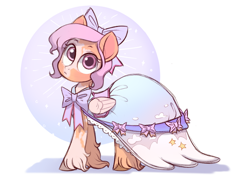 Size: 1024x768 | Tagged: safe, artist:kapusha-blr, oc, oc only, species:pegasus, species:pony, ambiguous facial structure, bow, clothing, dress, hair bow, pinto, solo, unshorn fetlocks