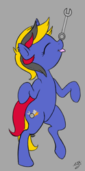Size: 416x837 | Tagged: safe, artist:silver1kunai, oc, oc only, oc:wheelie rims, species:pony, species:unicorn, ear piercing, female, gray background, mare, piercing, simple background, solo, tongue out, wrench