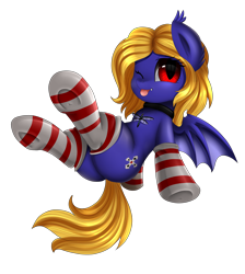 Size: 2550x2850 | Tagged: safe, artist:pridark, oc, oc only, oc:butter cream, species:bat pony, species:pony, clothing, commission, cute, fangs, female, looking at you, mare, ocbetes, one eye closed, plot, red eyes, simple background, slit eyes, smiling, socks, solo, stockings, striped socks, thigh highs, transparent background, wink, ych result