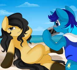 Size: 2445x2212 | Tagged: safe, artist:pridark, oc, oc only, oc:light shine, oc:terra, species:earth pony, species:pony, species:unicorn, beach, blushing, commission, duo, female, hair over one eye, male, mare, oc x oc, pose, shipping, stallion, sultry pose, terright