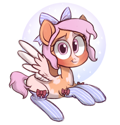 Size: 473x495 | Tagged: safe, artist:kapusha-blr, oc, oc only, species:pegasus, species:pony, bow, clothing, hair bow, pinto, smiling, solo, stockings, thigh highs