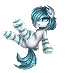 Size: 2550x2850 | Tagged: safe, artist:pridark, oc, oc only, oc:freyja, species:changeling, species:reformed changeling, clothing, commission, female, ice changeling, one eye closed, plot, simple background, smiling, socks, solo, stockings, striped socks, thigh highs, tongue out, transparent background, wink, ych result