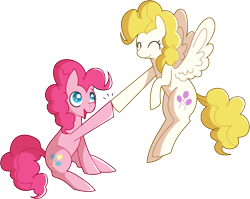 Size: 922x734 | Tagged: safe, artist:amazingmollusk, character:pinkie pie, character:surprise, species:pony, hoofbump, pie daily, simple background, sitting, transparent background