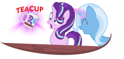 Size: 1280x615 | Tagged: safe, artist:uliks-uliks, character:starlight glimmer, character:trixie, species:pony, species:unicorn, coffee mug, female, glowing horn, magic, mare, mug, simple background, that pony sure does love teacups, vector, white background