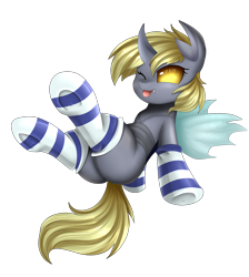 Size: 2550x2850 | Tagged: safe, artist:pridark, oc, oc only, species:changeling, changeling oc, clothing, commission, cute, female, looking at you, ocbetes, one eye closed, plot, simple background, smiling, socks, stockings, striped socks, thigh highs, tongue out, transparent background, wink, ych result, yellow changeling