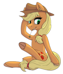 Size: 3850x4478 | Tagged: safe, artist:lula-moonarts, character:applejack, species:earth pony, species:pony, absurd resolution, clothing, cowboy hat, female, hat, haystick, mare, simple background, solo, stetson, transparent background, underhoof