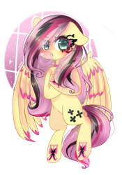 Size: 939x1343 | Tagged: safe, artist:windymils, character:fluttershy, species:pegasus, species:pony, alternate cutie mark, blowing, blushing, bubblegum, crossed hooves, emoshy, female, food, goth, gothic, gum, mare, multicolored hair, solo, tattoo