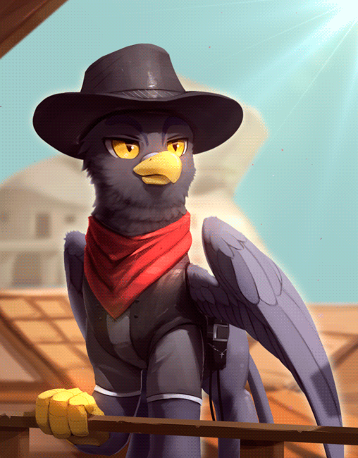 Size: 508x650 | Tagged: safe, artist:rodrigues404, oc, oc only, oc:apostle, species:griffon, animated, bandana, cinemagraph, clothing, commission, cowboy hat, gif, griffon oc, hat, male, saddle bag, solo, stetson, sunlight, vest, windy