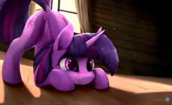 Size: 1800x1100 | Tagged: safe, artist:noctilucent-arts, character:twilight sparkle, character:twilight sparkle (alicorn), species:alicorn, species:pony, behaving like a cat, cute, dock, dust motes, face down ass up, female, mare, smiling, solo, sunlight, twiabetes, twilight cat, window