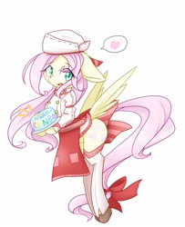 Size: 1300x1600 | Tagged: safe, artist:azurepicker, character:fluttershy, species:pony, bravely second, cake, clothing, food, simple background, solo, spoken heart