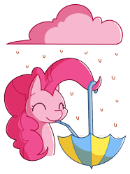 Size: 678x913 | Tagged: safe, artist:amazingmollusk, character:pinkie pie, species:earth pony, species:pony, chocolate, chocolate rain, drinking straw, eyes closed, female, food, happy, mare, pie daily, prehensile mane, rain, simple background, solo, transparent background, umbrella