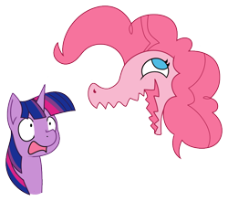 Size: 840x738 | Tagged: safe, artist:amazingmollusk, character:pinkie pie, character:twilight sparkle, character:twilight sparkle (alicorn), species:alicorn, species:pony, bust, crocodile, happy, open mouth, pie daily, portrait, shrunken pupils, simple background, smiling, transparent background