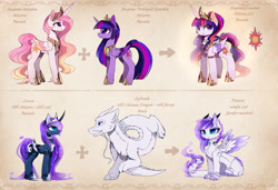 Size: 3410x2331 | Tagged: safe, artist:magnaluna, character:princess celestia, character:princess luna, character:twilight sparkle, character:twilight sparkle (alicorn), oc, oc:lumina, oc:polaris, oc:zefiroth, species:alicorn, species:dracony, species:dragon, species:pony, ship:twilestia, canon x oc, cheek fluff, chest fluff, chin fluff, chinese dragon, collar, colored wings, colored wingtips, crown, curved horn, cute, ear fluff, female, fluffy, furry dragon, fusion, galaxy mane, horn, hybrid, jewelry, leg fluff, lesbian, looking at each other, looking at you, magical lesbian spawn, male, mare, offspring, paws, regalia, royal sisters, shipping, simple background, smiling, translucent mane, twiabetes, underpaw, wing fluff, wingding eyes