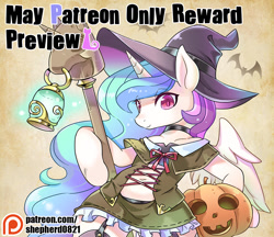 Size: 1150x993 | Tagged: safe, artist:shepherd0821, character:princess celestia, advertisement, belly button, clothing, halloween, hat, holiday, hoof hold, jack-o-lantern, lantern, patreon, patreon logo, patreon preview, pumpkin, semi-anthro, solo, staff, witch hat