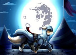 Size: 3509x2550 | Tagged: safe, artist:pridark, oc, oc only, oc:foxtor volpes, species:earth pony, species:fox, species:pony, assassin's creed, castle, clothing, cloud, coat, commission, crossover, flag, fox pony, full moon, hood, hybrid, male, mare in the moon, moon, multicolored hair, night, pants, solo, stallion, stars