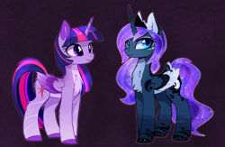 Size: 1881x1230 | Tagged: safe, artist:magnaluna, character:princess luna, character:twilight sparkle, character:twilight sparkle (alicorn), species:alicorn, species:pony, alternate design, cheek fluff, chest fluff, colored wings, colored wingtips, crown, curved horn, duo, ear fluff, female, fluffy, galaxy mane, horn, jewelry, leg fluff, looking at you, mare, purple background, regalia, simple background, smiling, swirly markings, wing fluff, wingding eyes