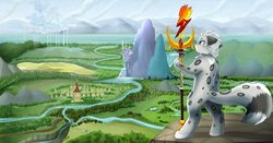 Size: 2872x1506 | Tagged: safe, artist:pridark, non-mlp oc, oc, oc only, species:pony, barely pony related, canterlot, canterlot mountain, cloudsdale, commission, forest, furry, grass, mountain, ponyville, ponyville town hall, rear view, river, scenery, staff, standing, water