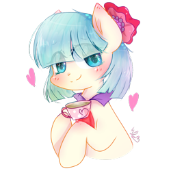 Size: 1000x1000 | Tagged: safe, artist:windymils, character:coco pommel, species:earth pony, species:pony, bangs, blushing, bust, cocobetes, cup, cute, female, food, hair over eyes, heart, hoof hold, looking at you, mare, portrait, simple background, smiling, solo, tea, teacup, transparent background