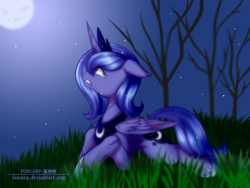 Size: 4000x3000 | Tagged: safe, artist:foxcarp, character:princess luna, species:alicorn, species:pony, absurd resolution, crying, female, floppy ears, grass, gritted teeth, looking up, mare, moon, night, prone, s1 luna, solo, stars, tree