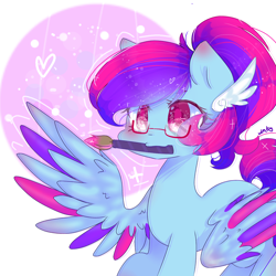 Size: 1314x1314 | Tagged: safe, artist:windymils, oc, oc only, oc:painting spark, species:pegasus, species:pony, colored wings, female, glasses, mare, mouth hold, multicolored wings, paintbrush, solo
