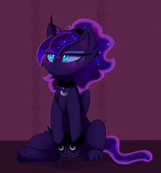 Size: 1030x1100 | Tagged: safe, alternate version, artist:magnaluna, edit, character:princess luna, :<, blushing, cat, catified, chest fluff, collar, cropped, curved horn, cute, ear fluff, female, galaxy mane, grumpy luna, i'm not cute, leg fluff, lunabetes, paws, solo, species swap, textless, underpaw, wingding eyes