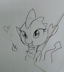Size: 1165x1296 | Tagged: safe, artist:tjpones, character:barb, character:spike, species:dragon, fire, heart, lineart, rule 63, sketch, solo, traditional art
