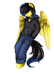 Size: 2186x3009 | Tagged: safe, artist:pridark, oc, oc only, oc:rainy, species:pegasus, species:pony, clothing, commission, hair over one eye, hoodie, male, pants, simple background, solo, transparent background