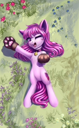 Size: 2400x3840 | Tagged: safe, artist:roadsleadme, oc, oc only, oc:share dast, species:pony, behaving like a cat, bell, bell collar, cat ears, cat paws, chest fluff, collar, cute, fangs, flower, grass, looking at you, lying down, on back, one eye closed, open mouth, solo, wink