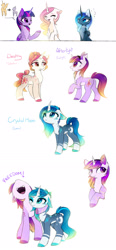 Size: 1442x3112 | Tagged: safe, artist:magnaluna, character:princess celestia, character:princess luna, character:twilight sparkle, character:twilight sparkle (alicorn), oc, oc:afterlight, oc:crystal moon, oc:destiny, species:alicorn, species:pony, species:unicorn, :<, alter ego, cheek fluff, chest fluff, curved horn, cute, cutelestia, disguise, ear fluff, female, floppy ears, horn, leg fluff, lunabetes, mare, neck fluff, one eye closed, open mouth, question mark, raised hoof, royal sisters, simple background, sisters, smiling, swirly markings, trio, twiabetes, white background, wingding eyes