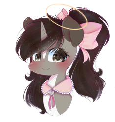 Size: 1343x1429 | Tagged: safe, artist:windymils, oc, oc only, oc:felix, species:pony, species:unicorn, art trade, blushing, bow, bust, female, hair bow, halo, looking at you, mare, portrait, simple background, smiling, solo, transparent background